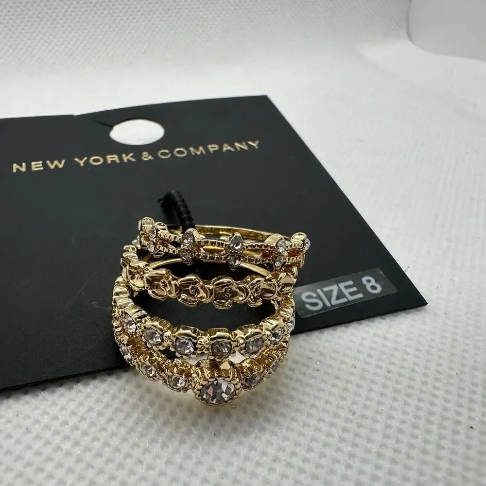 New York & Company Stack of 3 Size 8 Rings Gold Tone White Stone